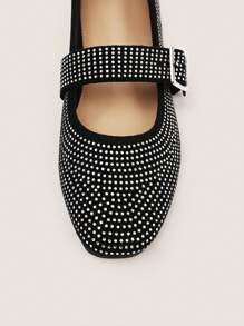 Muvela Women's Fashion Versatile INS Style Rhinestone Decor Round Toe Mary Jane Strap Flats - Black - View 4
