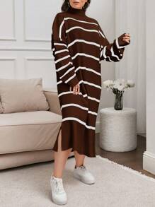 EURMUSE Plus Size Stand Collar Long Sleeve Striped Split Dress, Casual Daily Wear - Brown - View 5