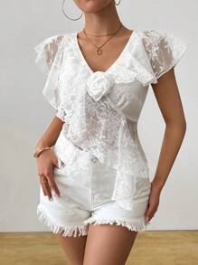 SHEIN Unity Romantic Lace Ruffle 3D Floral Decor Blouse - White - View 6