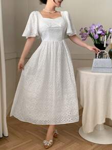 DAZY 女士方领荷叶边袖褶饰中长连衣裙