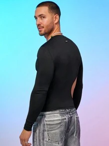FeverCity Men's Tight Fitting Crew Neck Long Sleeve Hollow Out Waist Knit T-Shirt