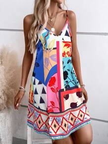 SHEIN LUNE Women's Spaghetti Strap Patchwork Minimalist Casual Short Dress - Multicolor - View 4