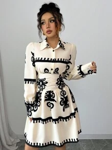 Elenzga Casual Long Sleeve Printed Waist Cinched Dress For Women Fall Cloth For Women - Apricot - View 3