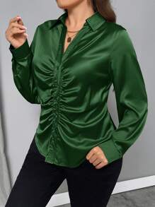 Firerie Plus Size Women Party Gold Elegant Solid Color Pleated Design Blouse - Dark Green - View 3