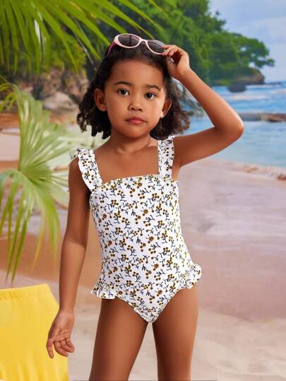 SHEIN 1pc Young Girl Adorable Ditsy Floral Ruffled Strap Adjustable Swimsuit, Cute One-Piece Swimwear For Swimming, Spa, Vacation
