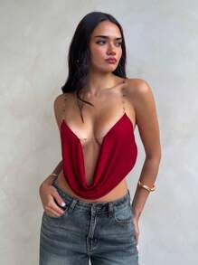 Aloruh Top casual de mujer con decoración de cadena simple, adecuado para vacaciones, Día de San Valentín, top sin espalda, conjuntos de vacaciones elegantes, conjuntos de playa, conjuntos de rave, vestido largo de top burdeos sexy para fiesta y playa, top ajustado bohemio rojo, vestidos de fiesta, conjuntos de rave y festival