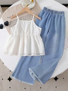 青少年女孩时尚街头风吊带背心和喇叭牛仔裤夏季两件套