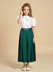 Elegant Vintage Collared Short Sleeve Solid Top With Detachable Bow Accent And High Waist Pleated Wide Leg Solid Color Pants Set For Tween Girls, Summer - Green - View 4
