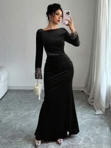 Elenzga 情人节红色节日连衣裙，长袖拼接珍珠串珠收腰褶皱开衩优雅浪漫连衣裙女 - 黑色 - 查看 4