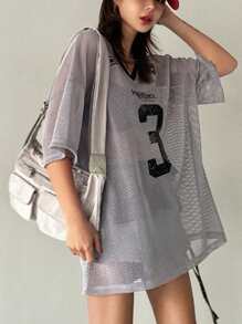 DAZY Camiseta deportiva de manga corta holgada con estampado de números para mujer