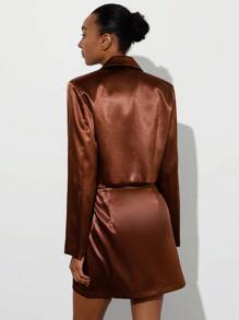 SHEIN Privé Satin Feel Minimalist Vintage Fashionable Short Deep V-Neck Fitted Blazer & Low Waist Front Slit Skirt Women 2 Pieces Suit Set Fall Cloth For Women