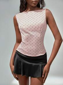 Flirla 复古时尚粉色波尔卡圆点印花无袖女式背心，春节 - 粉色 - 查看 4