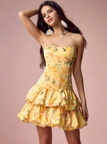 Enchnt 春夏浪漫女士黄色花卉印花紧身胸衣双泡泡下摆露肩可爱迷你连衣裙，甜美性感太阳裙，适合节日派对、度假、甜蜜约会和毕业季，时尚女士夏装，连衣裙优雅