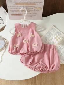 2pcs/Set Korean Style Cute Baby Girls Summer Shirt With 3D Car & Butterfly Design And Pink Fleeced Shorts - Pink - View 3