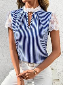 SHEIN Clasi Women's Blue & White Stripe Lace Patchwork Blouse, Spring/Summer
