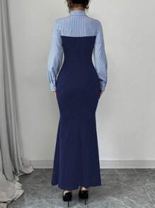 Selianne 优雅紧身 AB 拼接高开衩长袖开袖鱼形下摆条纹混合针织连衣裙，女式秋冬长款女装 - 彩色 - 查看 2