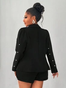 Maweii Plus Size Vrouwen Elegante Handgemaakte Parel Kralen Revers Lange Mouw Blazer Jas En Shorts Set