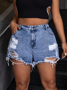 SHEIN ICON 大码女式口袋做旧毛边牛仔短裤 - 淺色水洗藍 - 查看 1