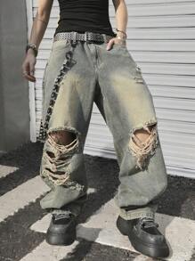 Manfinity EMRG Men's Pocket Distressed Wide Leg Loose Casual Fashionable Jeans - Light Wash - View 3