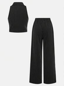 Girlism 少女返校季校园黑白条纹薄款西装外套低腰西装裤两件套 - 黑色 - 查看 2