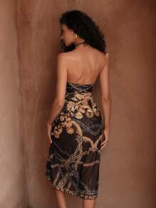 Swim Oasis Springbreak Summer Vacation Retro Printed Criss-Cross Adjustable Straps One-Piece Swimsuit & Long Tie Front Vintage High-Low Hem Beach Skirt 2 Pieces Boho Festival Set - Multicolor - View 3