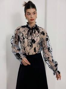 Aveloria Rosie French Style Hollow Transparent Printed Stand Collar With Tie Casual Loose Long Sleeve Blouse For Women Elegant FashionableStyle All Over Print