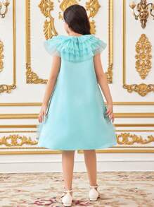 SHEIN Leap Crew 青少年女孩宽松优雅经典多层网眼立领 3D 花卉连衣裙套装 - 藍色 - 查看 2