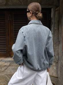 DAZY 女式翻领拉链宽松牛仔夹克，秋装 - 中等水洗藍 - 查看 5