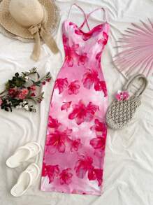 Soleia Women Floral Print Spaghetti Strap Backless Bodycon Dress - Red Violet - View 5