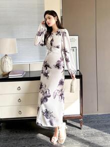 Modelyn 女士编织印花纽扣式 A 字长裙 - 米色 - 查看 6
