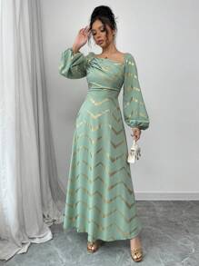 Modelyn Women's Elegant Gold Foil Print Lantern Sleeve Long Dress Fall Cloth For Women