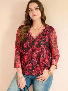 SHEIN Clasi Blusa de mujer con estampado de encaje de rosa y cuello de volantes en tallas grandes, cómoda y elegante, para primavera/verano - Multicolor - Ver 3