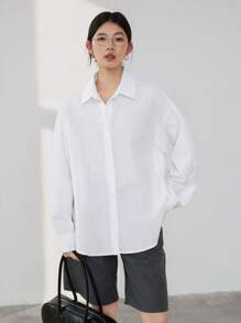 Dazy-Less Casual & Business Loose Solid Color Design Back Button Long Sleeve Blouse For Women
