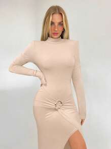 Aloruh Women Solid Color Stand Collar Long Sleeve Split Hem Slim Fit Dress - Apricot - View 5