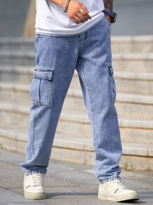 Manfinity Homme Men's Casual Washed Workwear Denim Pants - Light Wash - View 5