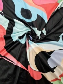 EMERY ROSE 夏季 V 领短袖印花抽象脸长款大码连衣裙，休闲修身 - 黑色 - 查看 9