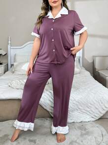 大码女式休闲纯色荷叶边短袖长裤睡衣套装