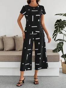 EMERY ROSE 2pcs Women's Round Neck Short Sleeve Printed Minimalist Top And Long Pants Set - Black - View 7