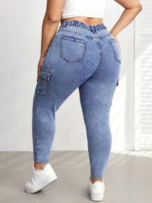 SHEIN CURVE+ Quần Jeans Skinny Lưng Cao Co Giãn Cỡ Lớn Có Túi Hộp, Mùa Hè - Màu xanh lam - Xem 2