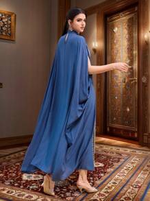 Al Najma Women's Elegant Jacquard Patchwork  Long Turkish Long Dress & Arabic Traditional Long Dress Dress  Arabian Kaftan & Jalabiya - Blue - View 3