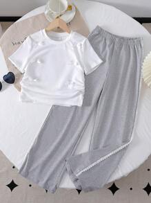 2pcs/Set Girls Teen Casual Daily Round Neck Short Sleeve Solid Color 3D Bow T-Shirt And Elastic Waist Straight Leg Colorblock Floral Trim Pants - Grey - View 3