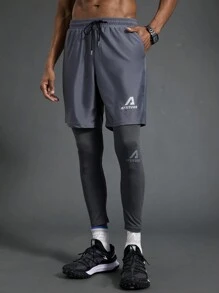 Manfinity Sport Polished Herren Sporthose mit Buchstaben-Muster und Tunnelzug an der Taille, 2 in 1