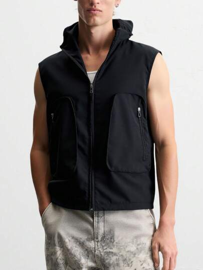 Street Life Gilet cargo à capuche avec cordon de serrage, couleur unie, style décontracté et polyvalent pour hommes