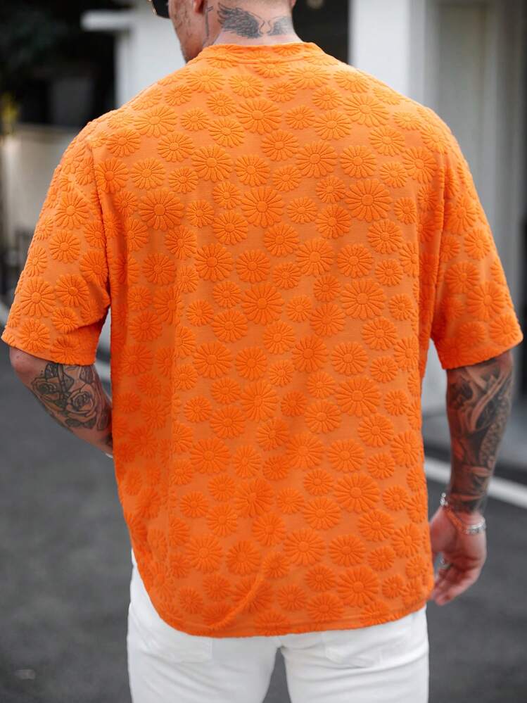 Manfinity Homme Men's Vacation Casual Style INS Round-Neck Short-Sleeve T-Shirt, Perfect For A Hawaiian Beach Vacation, As Well As Music Festivals And Everyday, Making It An Excellent Gift For Boyfriends Or Husbands. Suitable For Pairing In All Four Seasons, Especially Spring And Summer. - Orange - View 2