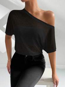 Chiquease Women's Solid Color Asymmetrical Short Sleeve Casual Bodysuit,Suitable For Vacation - Black - View 5