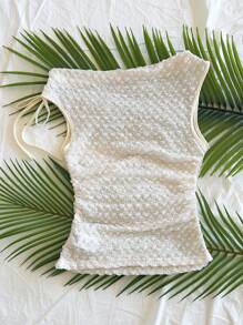 Soleia 女士度假米色针织泡泡纹理不对称肩带腰部修身衬衫，适合派对、约会、城市街道、公路旅行、夏季海滩度假 - 杏色 - 查看 4