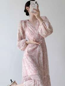 DAZY Women All Over Floral Print Waist Cinched Long Dress,Fall Dress Long Sleeve Dress - Pink - View 5