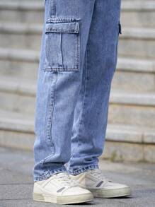 Manfinity Homme Men's Casual Washed Workwear Denim Pants - Light Wash - View 6