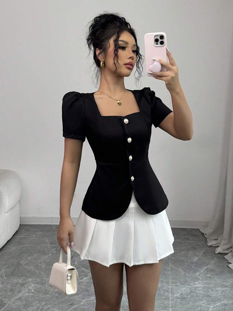 Elenzga Blusa elegante de mujer con cuello, decoración de botones y mangas abullonadas - Negro - Añade 3