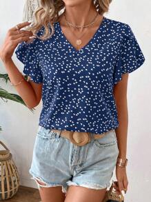 EMERY ROSE 心形印花 V 领荷叶边袖衬衫 适合新年服装 - 彩色 - 查看 3